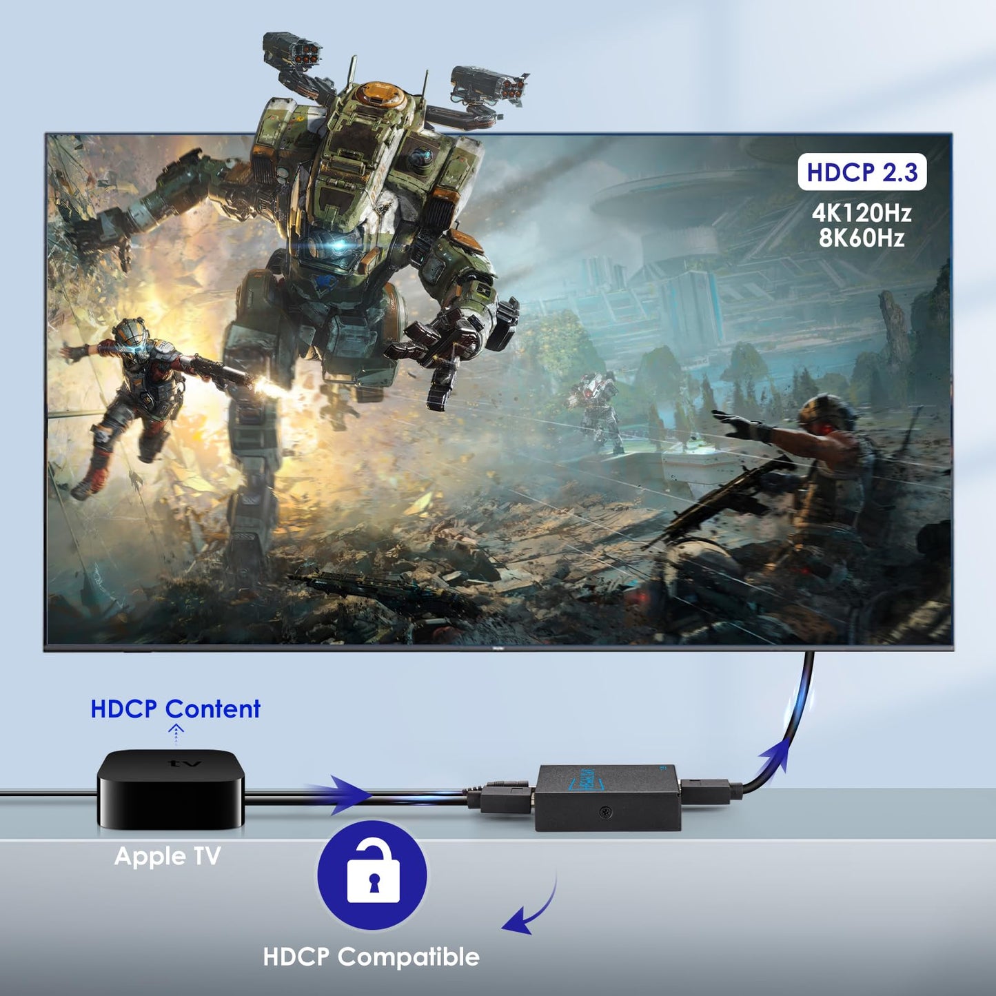 HBAVLINK 4K 120Hz HDMI Splitter 1 in 2 Out - HDCP Bypass, HDR, Dolby Atmos/DTS5.1/7.1-8K HDMI 2.1 Splitter for Playstation 5, X, Apple TV, Xbox Series X, Hue Sync Box, Roku Stick, etc.