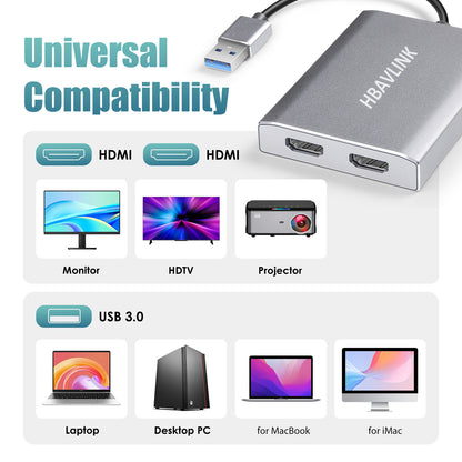 USB 3.0 Dual HDMI Adapter - 4K@30Hz, Windows/Mac Compatible