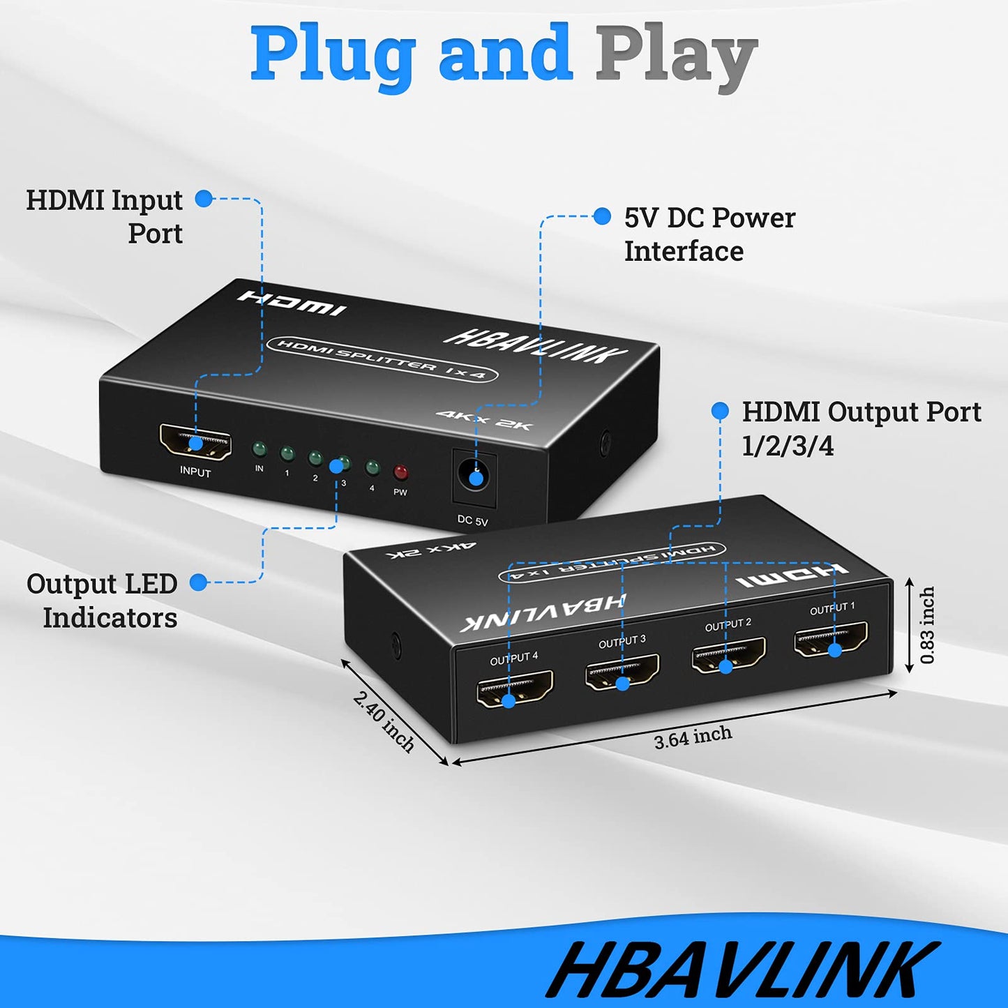 4K HDMI Splitter - 1 in 4 Out - Duplicate/Mirror Screens - HDMI Cable & AC Adapter Included