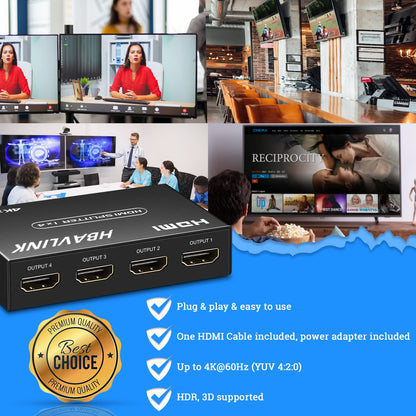 4K HDMI Splitter - 1 in 4 Out - Duplicate/Mirror Screens - HDMI Cable & AC Adapter Included