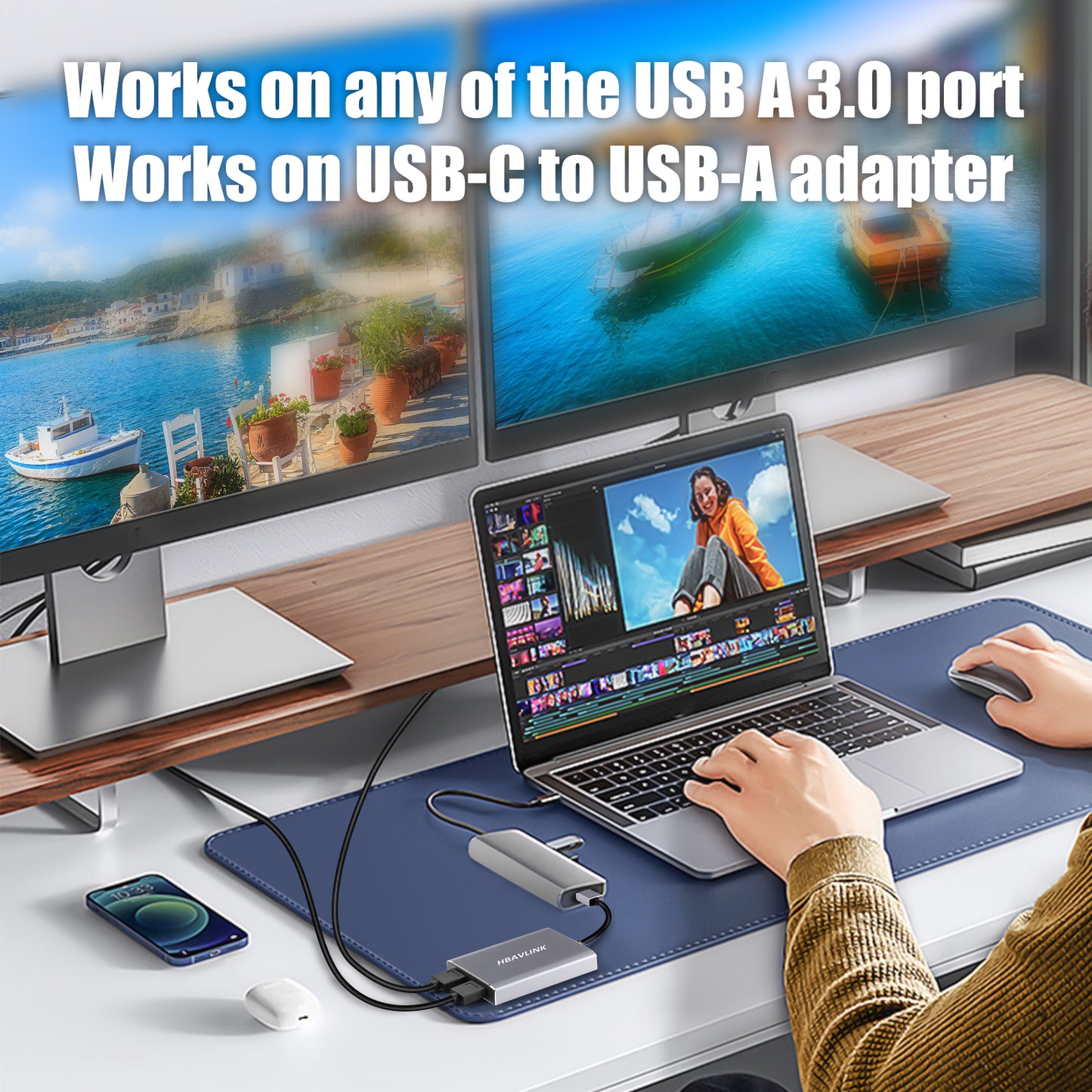 USB 3.0 Dual HDMI Adapter - 4K@30Hz, Windows/Mac Compatible