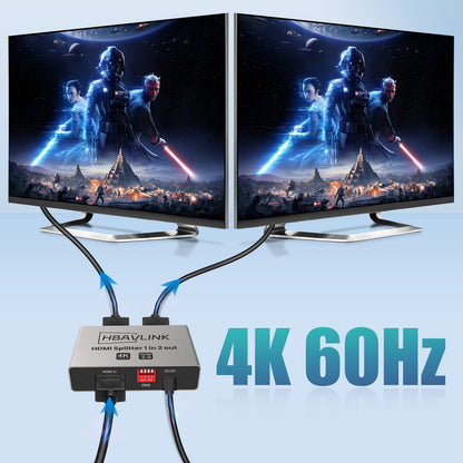HDMI Splitter 1 in 2 Out 4K 60Hz - EDID Clone, HDCP2.2, HDR, Dolby Atmos, Dolby Vision